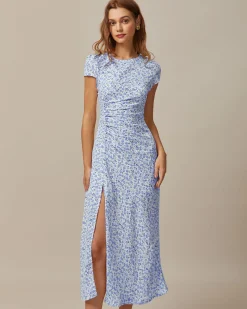The Blue Round Neck Floral Slit Midi Dress