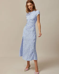 The Blue Round Neck Floral Slit Midi Dress
