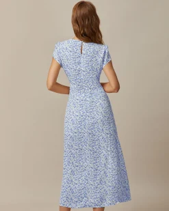 The Blue Round Neck Floral Slit Midi Dress
