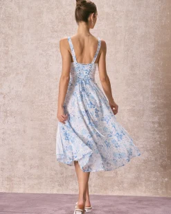 The Blue Square Neck Floral Ruched Midi Dress