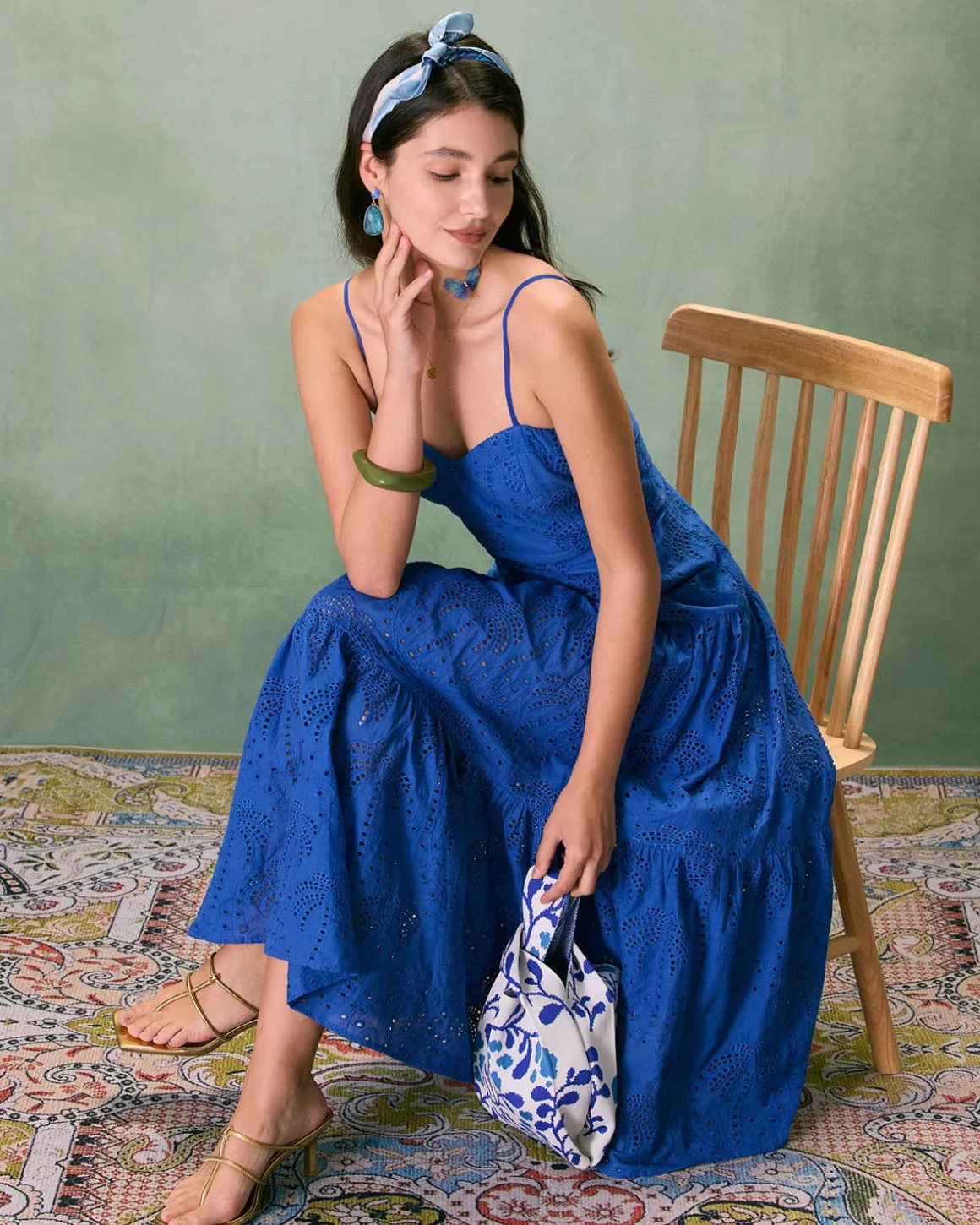 The Blue Sweetheart Neck Embroidery Slip Midi Dress