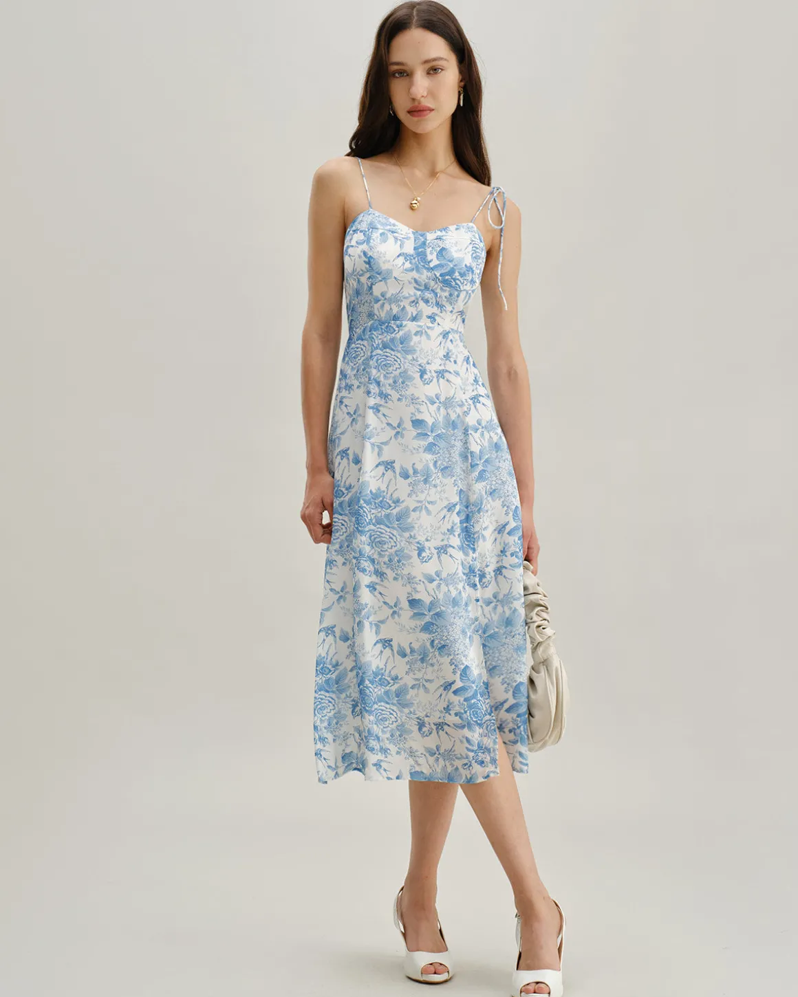 The Blue Sweetheart Neck Shirred Midi Dress
