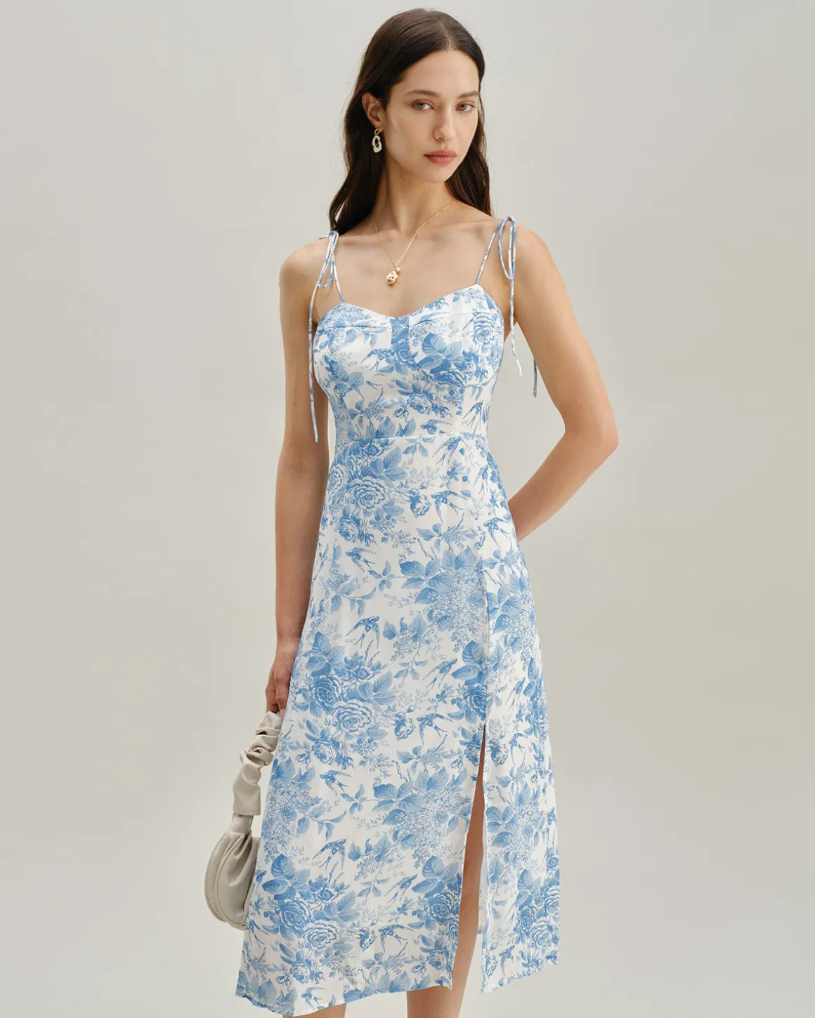 The Blue Sweetheart Neck Shirred Midi Dress