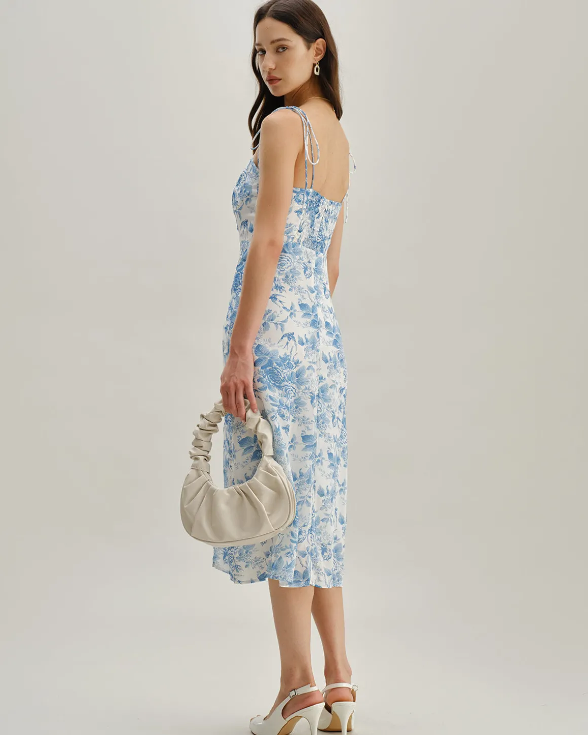 The Blue Sweetheart Neck Shirred Midi Dress