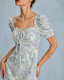 The Blue Sweetheart Neck Puff Sleeve Floral Midi Dress