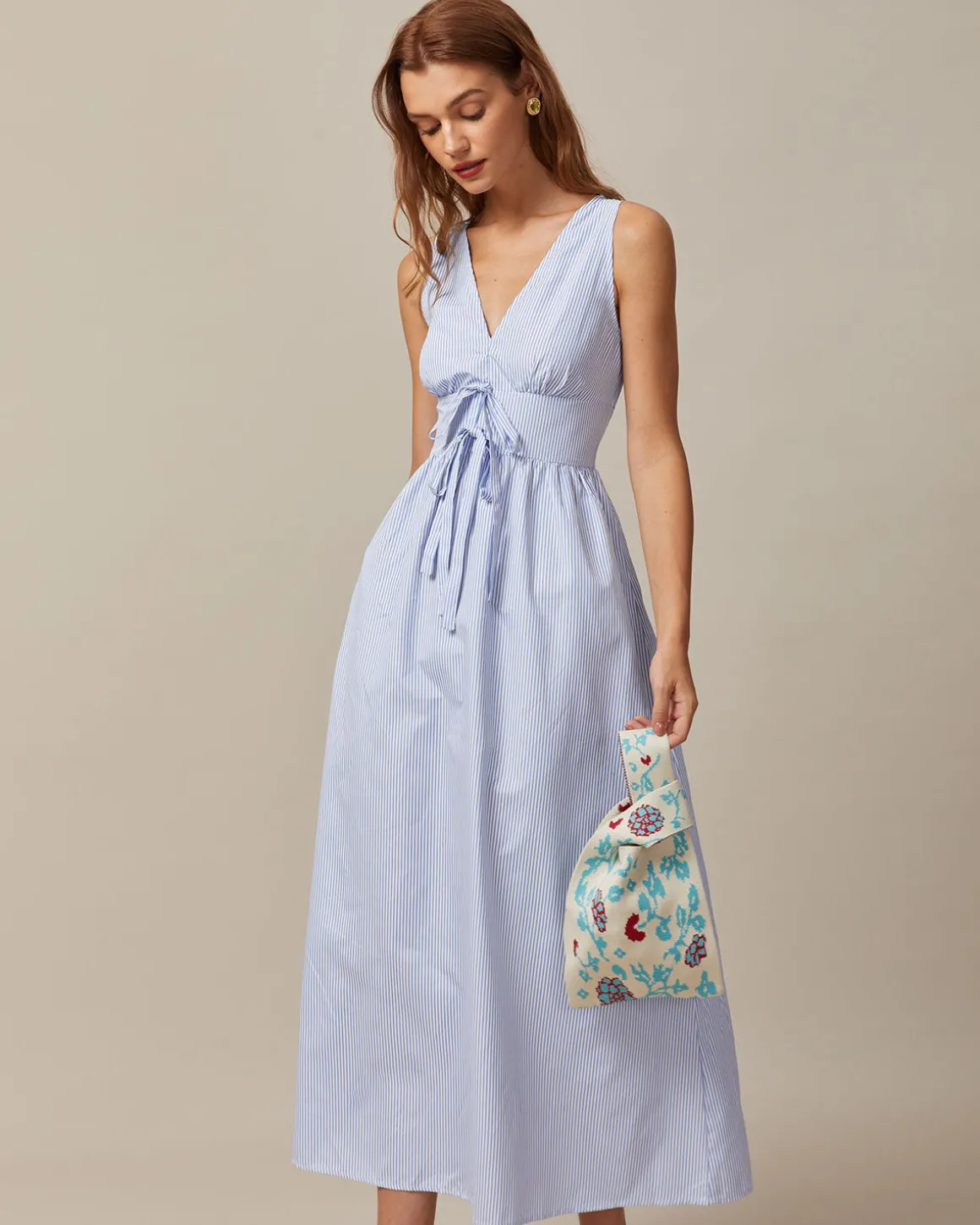 The Blue V Neck Shirred Striped Maxi Dress