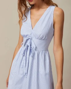 The Blue V Neck Shirred Striped Maxi Dress