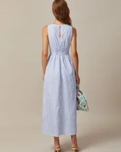 The Blue V Neck Shirred Striped Maxi Dress