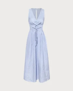 The Blue V Neck Shirred Striped Maxi Dress