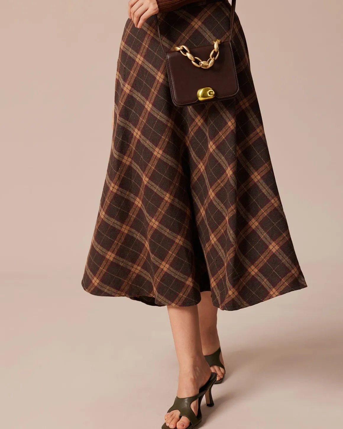 The Brown Elastic Waist Plaid A-Line Midi Skirt