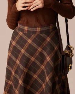 The Brown Elastic Waist Plaid A-Line Midi Skirt