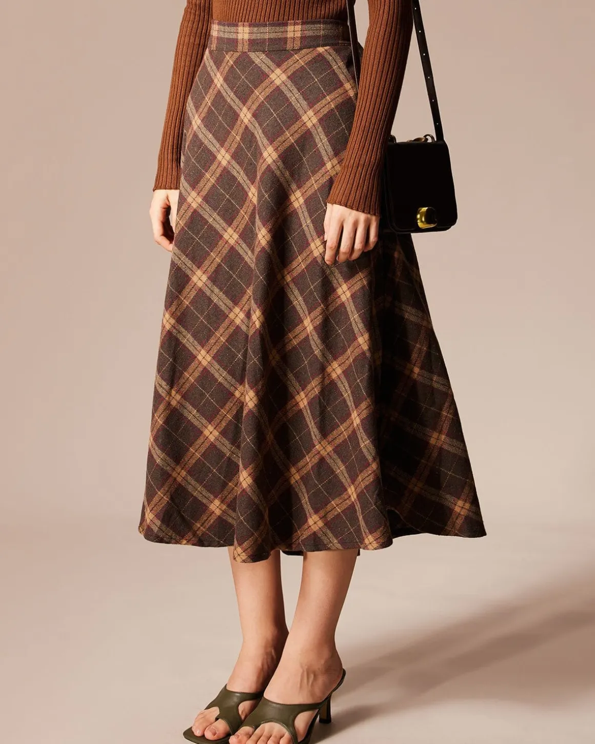 The Brown Elastic Waist Plaid A-Line Midi Skirt