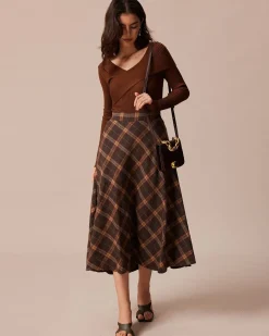 The Brown Elastic Waist Plaid A-Line Midi Skirt