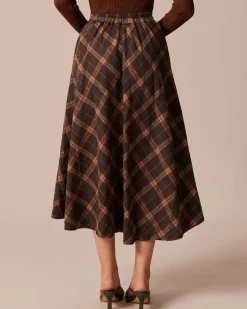 The Brown Elastic Waist Plaid A-Line Midi Skirt