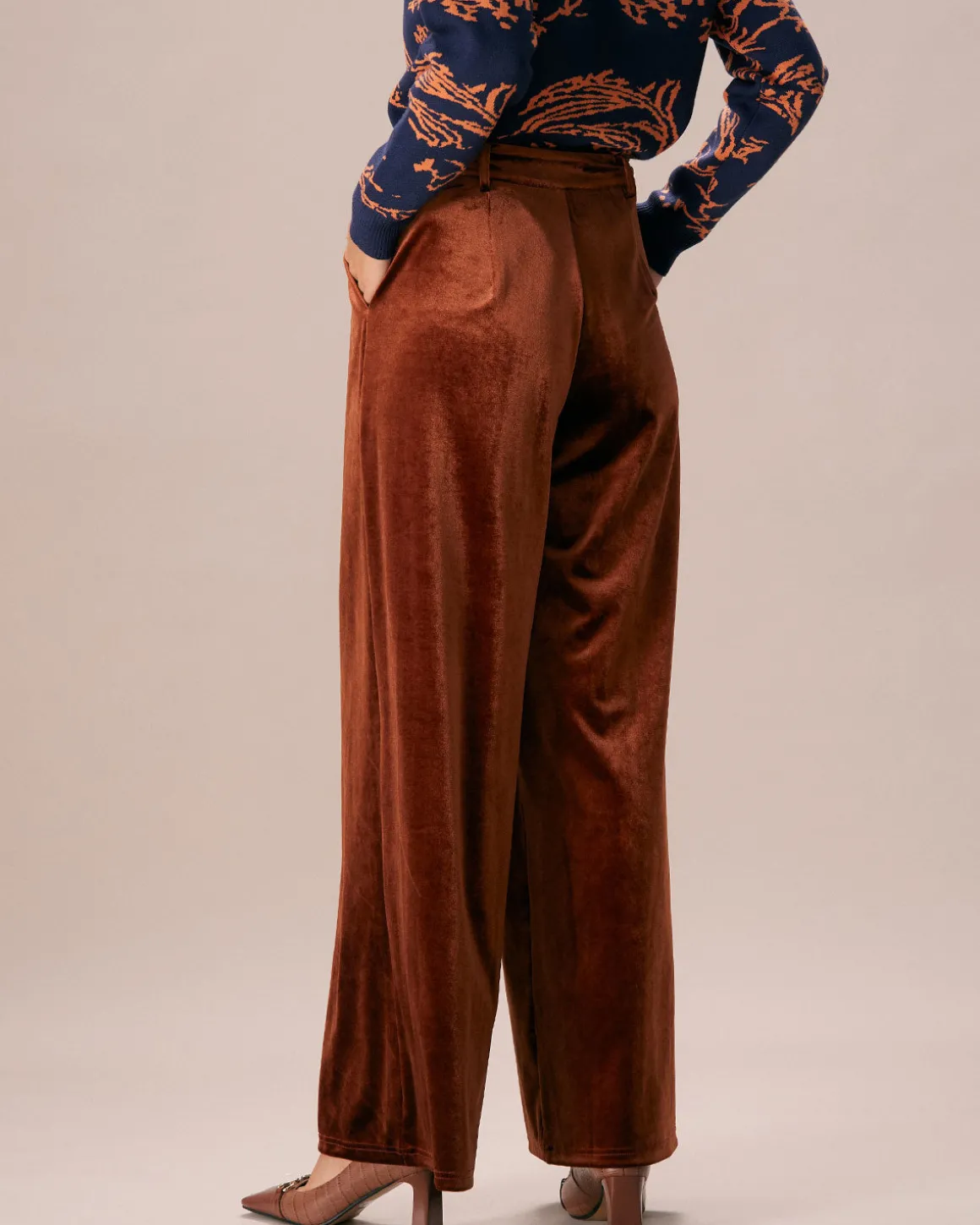 The Brown High Waisted Velvet Wide Leg Pants