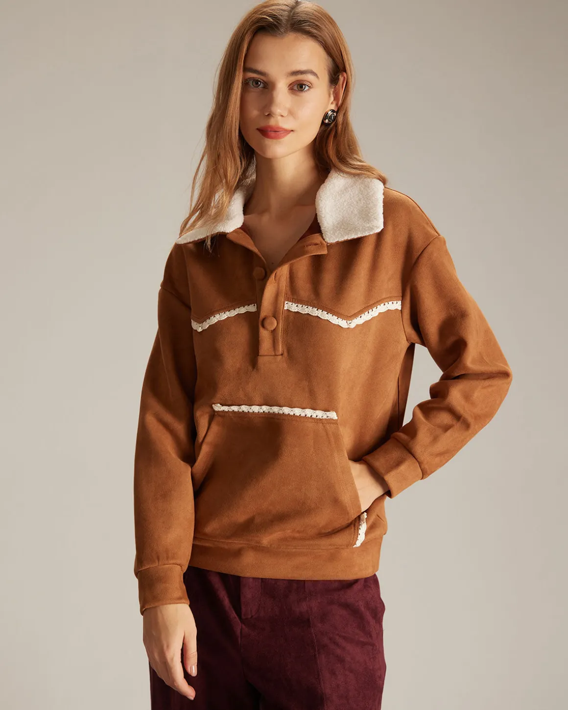 The Brown Lapel Button Suede Sweatshirt