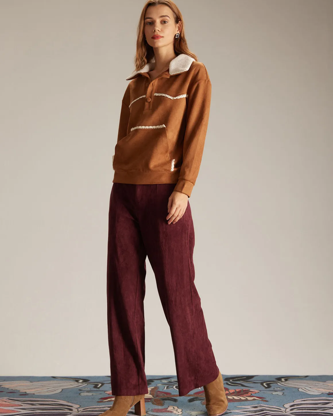 The Brown Lapel Button Suede Sweatshirt