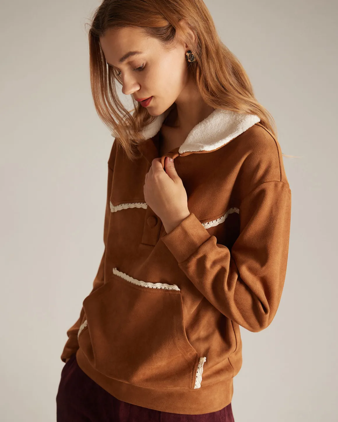 The Brown Lapel Button Suede Sweatshirt