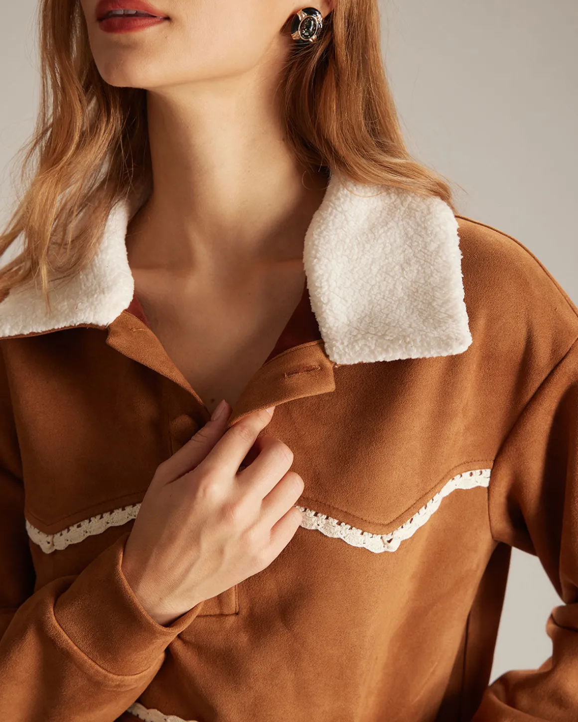 The Brown Lapel Button Suede Sweatshirt
