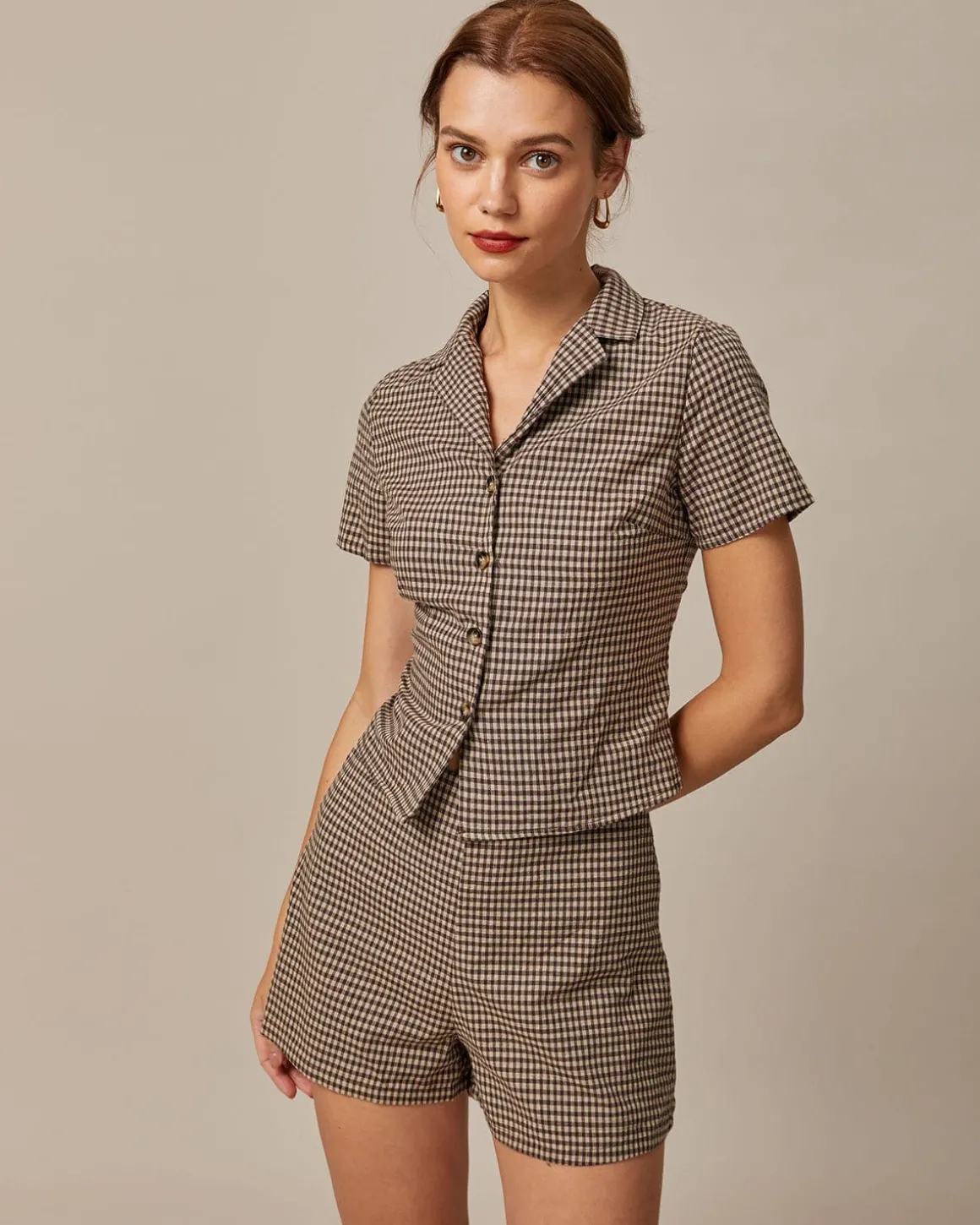 The Brown Lapel Plaid Short Sleeve Blouse