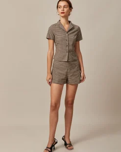 The Brown Lapel Plaid Short Sleeve Blouse