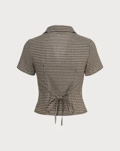 The Brown Lapel Plaid Short Sleeve Blouse
