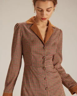 The Brown Plaid Spliced Suede Mini Dress