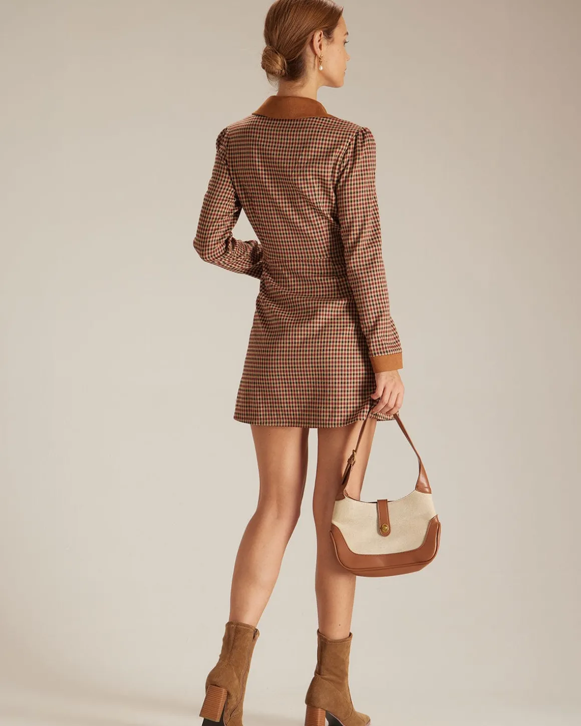 The Brown Plaid Spliced Suede Mini Dress