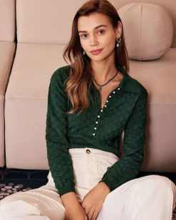 The Dark Green Lapel Ribbed Textured Knit Top