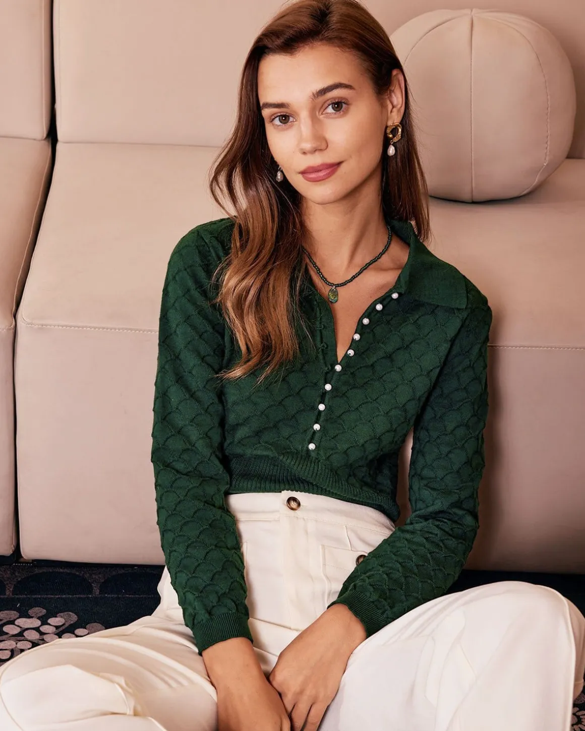 The Dark Green Lapel Ribbed Textured Knit Top