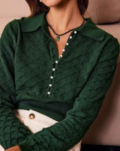 The Dark Green Lapel Ribbed Textured Knit Top