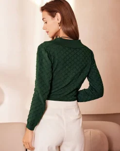 The Dark Green Lapel Ribbed Textured Knit Top