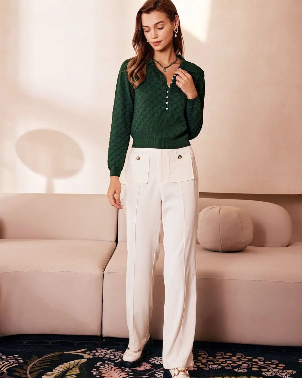 The Dark Green Lapel Ribbed Textured Knit Top