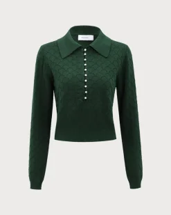 The Dark Green Lapel Ribbed Textured Knit Top