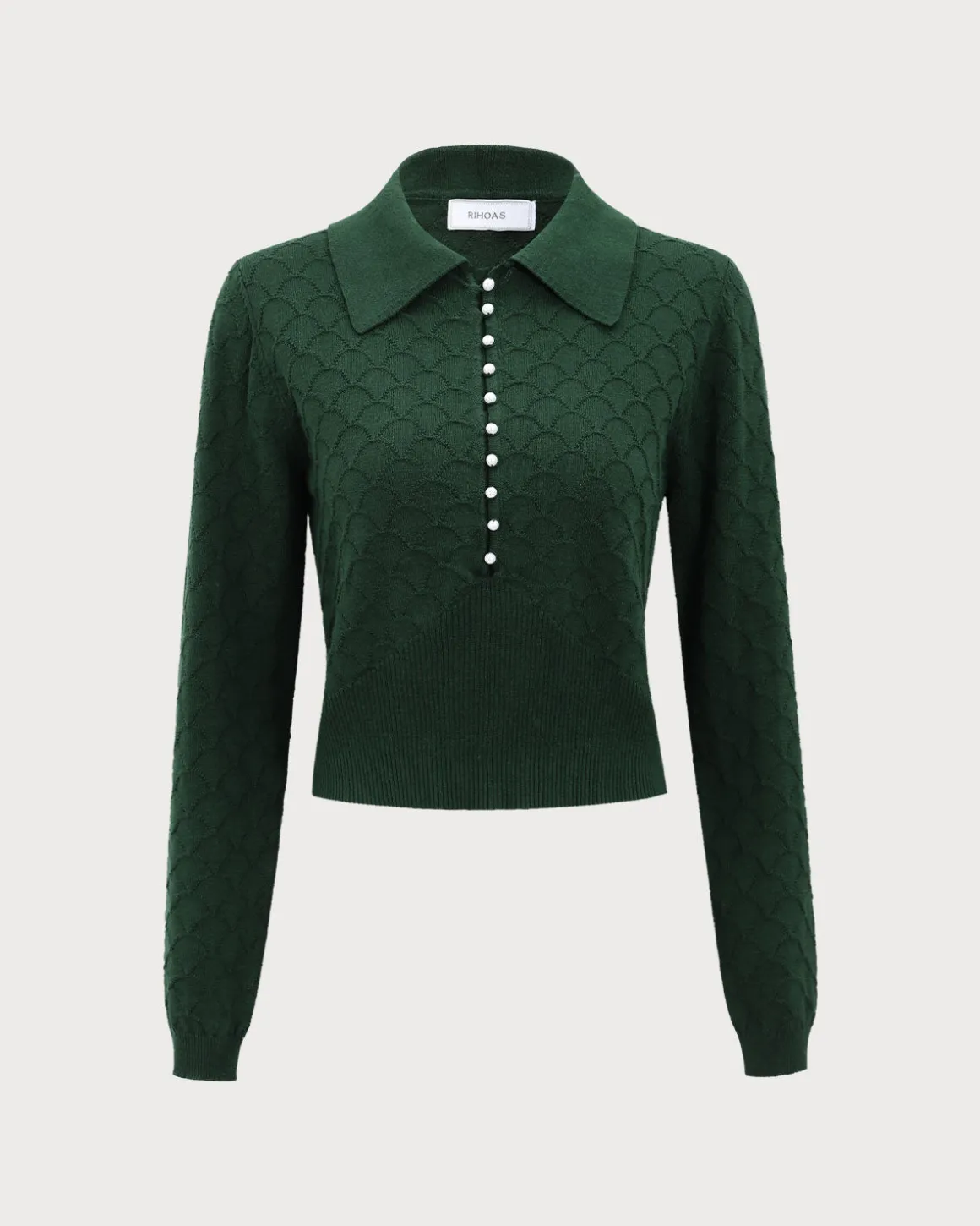 The Dark Green Lapel Ribbed Textured Knit Top