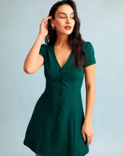 The Dark Green V Neck Button-up Shirt Mini Dress