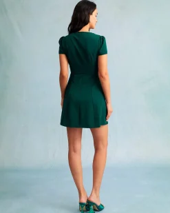 The Dark Green V Neck Button-up Shirt Mini Dress