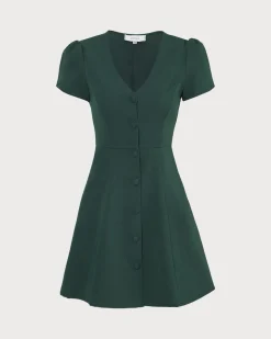 The Dark Green V Neck Button-up Shirt Mini Dress