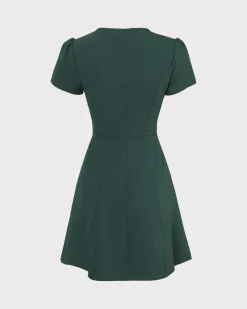 The Dark Green V Neck Button-up Shirt Mini Dress