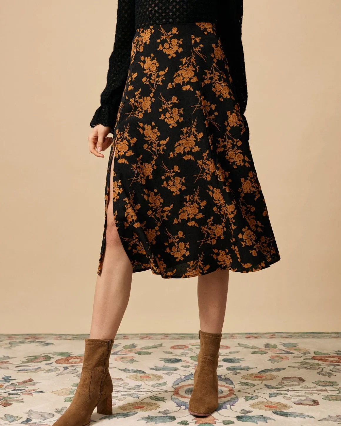 The Floral Slit High Waisted A-line Skirt