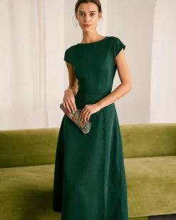 The Green Boat Neck Cutout Back Midi Dress