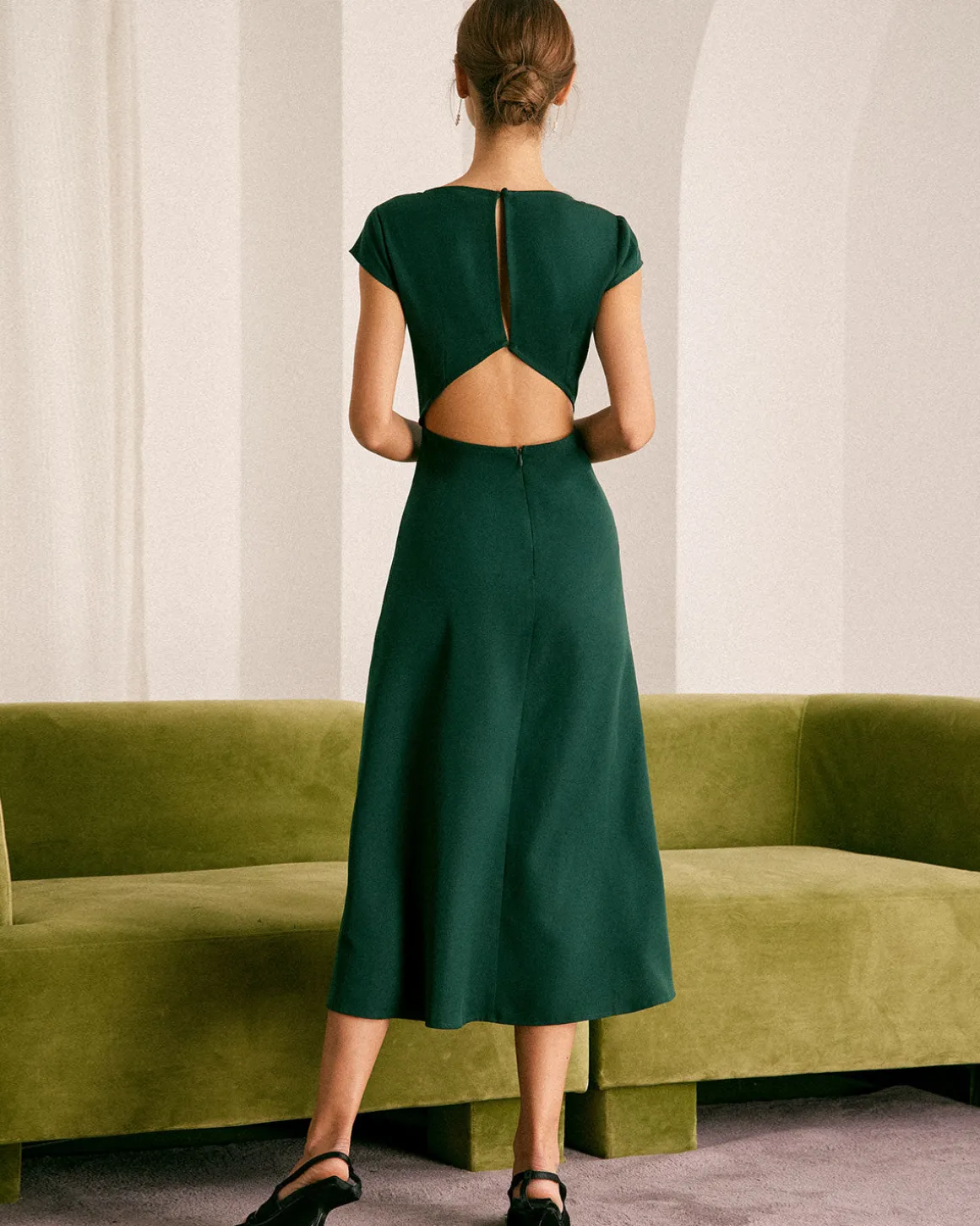 The Green Boat Neck Cutout Back Midi Dress