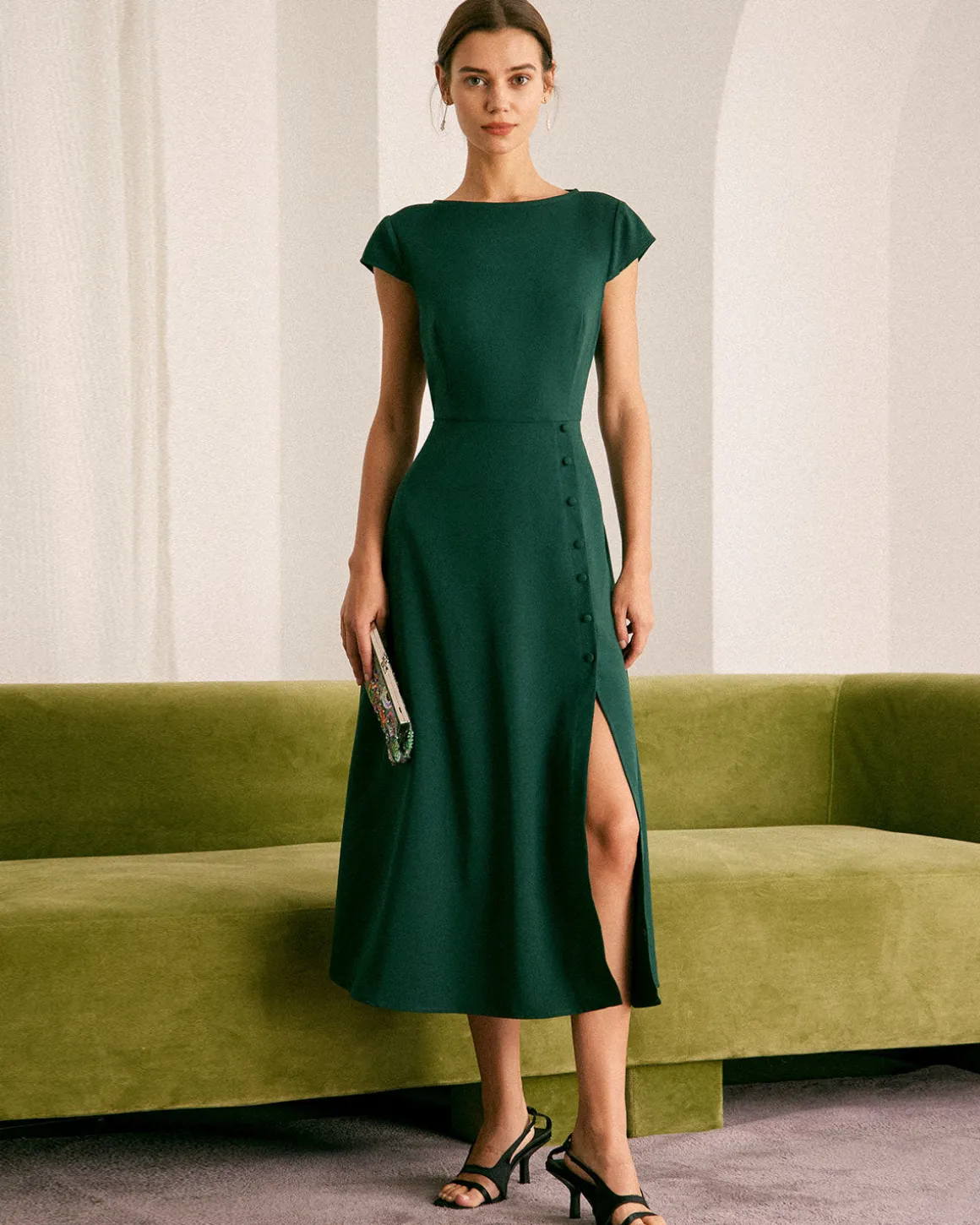 The Green Boat Neck Cutout Back Midi Dress