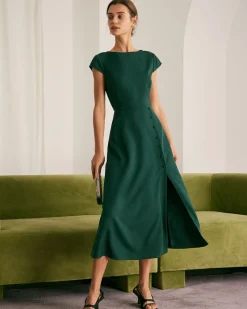 The Green Boat Neck Cutout Back Midi Dress