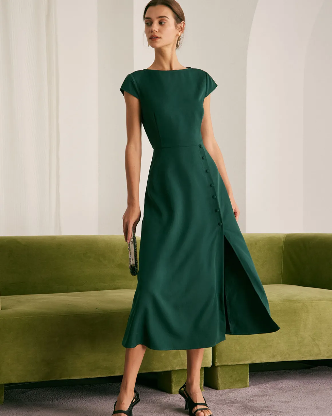 The Green Boat Neck Cutout Back Midi Dress