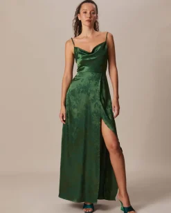 The Green Cowl Neck Jacquard Satin Maxi Dress