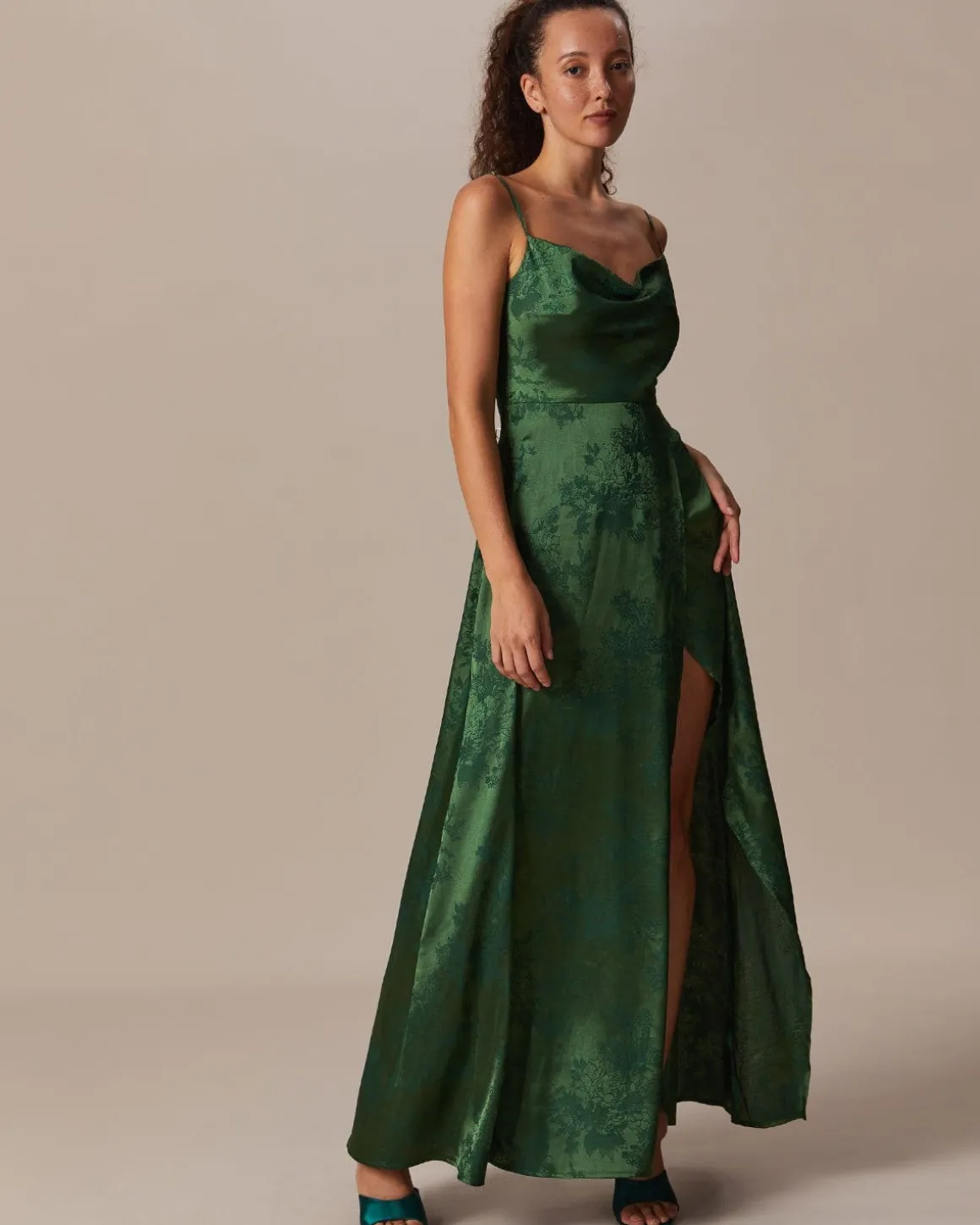 The Green Cowl Neck Jacquard Satin Maxi Dress
