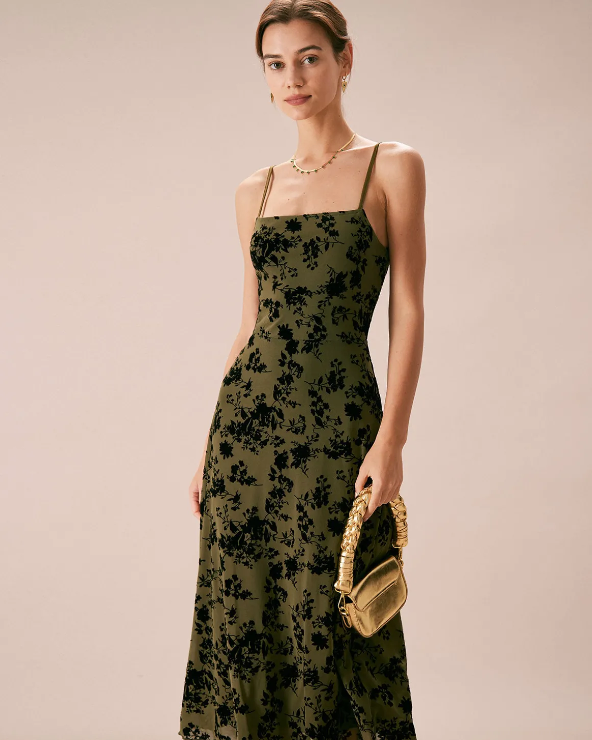 The Green Floral Burnout A-Line Slip Midi Dress