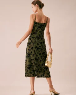 The Green Floral Burnout A-Line Slip Midi Dress