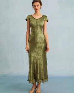 The Green Jacquard Cap Sleeve Satin Midi Dress